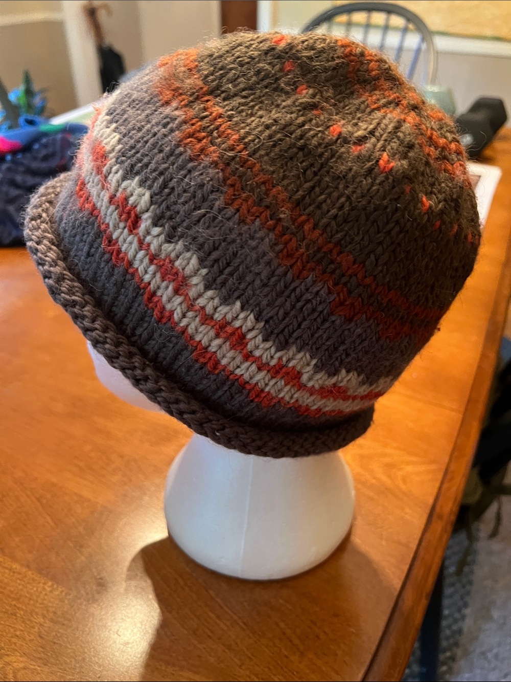 Knit Beanie Hat - Brown with Red & Beige Stripes